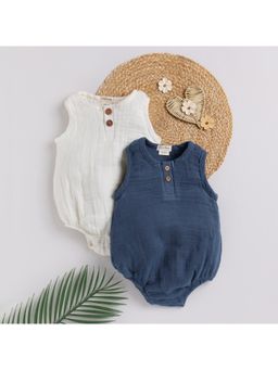 Cot and Candy - Half Sleeve White & Navy Bubble Romper for Kids (Pack of 2)