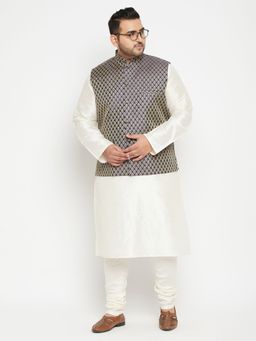 Vastramay - Men Cream Silk Blend Jacket Kurta Churidar