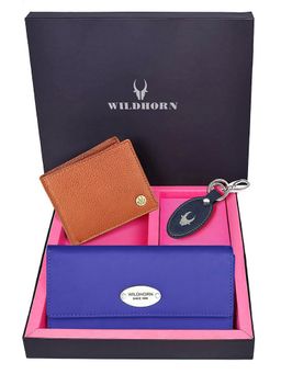 WILDHORN - Premium Leather Ladies Wallet, Mens Wallet and Keychain Gift -1K_BL_2052TA_K (Set of 3)