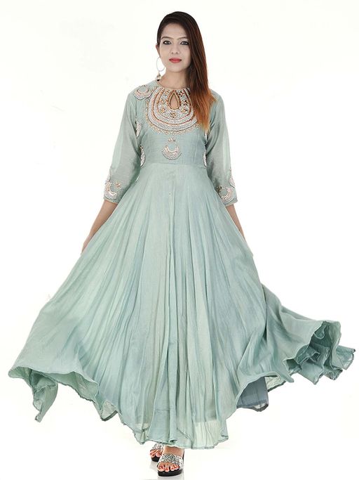 green emerald velvet dress Appealing Pista Green Designer Front Slit Anarkali Dress
