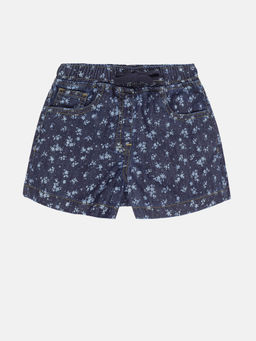 KiddoPanti - Girls Navy Blue Flower Printed Denim Hot Shorts