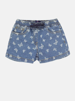 KiddoPanti - Girls Blue Butterfly Printed Denim Hot Shorts