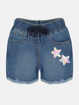 KiddoPanti - Girls Blue Denim Embellished Hot Shorts
