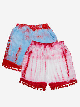 KiddoPanti - Girls Multi-Color Pom Pom Lace Hem Tie and Dye Shorts (Pack Of 2)