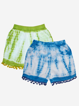 KiddoPanti - Girls Multi-Color Pom Pom Lace Hem Tie and Dye Shorts (Pack Of 2)