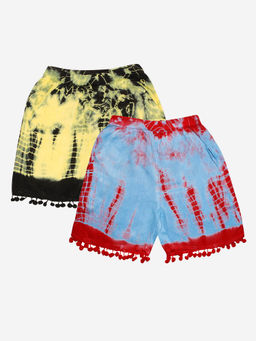 KiddoPanti - Girls Multi-Color Pom Pom Lace Hem Tie and Dye Shorts (Pack Of 2)