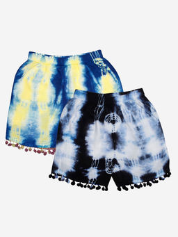 KiddoPanti - Girls Multi-Color Pom Pom Lace Hem Tie and Dye Shorts (Pack Of 2)