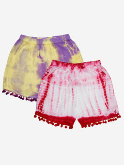 KiddoPanti - Girls Multi-Color Pom Pom Lace Hem Tie and Dye Shorts (Pack Of 2)