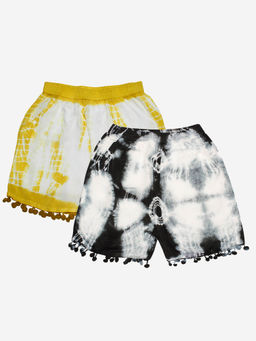 KiddoPanti - Girls Multi-Color Pom Pom Lace Hem Tie and Dye Shorts (Pack Of 2)