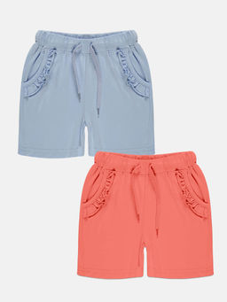 KiddoPanti - Girls Multi-Color Frill Pocket Hot Shorts (Pack of 2)