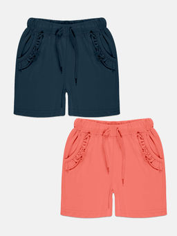 KiddoPanti - Girls Multi-Color Frill Pocket Hot Shorts (Pack of 2)