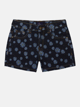 KiddoPanti - Girls Black Flower Printed Denim Shorts