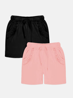 KiddoPanti - Girls Multi-Color Frill Pocket Hot Shorts (Pack of 2)