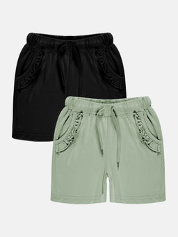 KiddoPanti - Girls Multi-Color Frill Pocket Hot Shorts (Pack of 2)