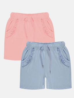 KiddoPanti - Girls Multi-Color Frill Pocket Hot Shorts (Pack of 2)