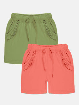 KiddoPanti - Girls Multi-Color Frill Pocket Hot Shorts (Pack of 2)