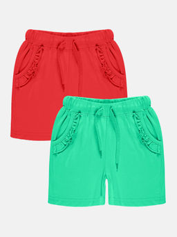 KiddoPanti - Girls Multi-Color Frill Pocket Hot Shorts (Pack of 2)