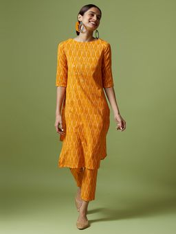 Okhai - Yellow Golden Dust Hand Embroidered Mirror Work Pure Cotton Kurta Pant (Set of 2)
