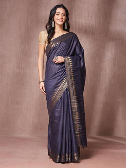 Fabindia - Navy Silk Blend Saree with Unstitched Blouse