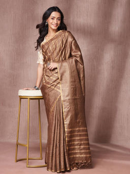 Fabindia - Brown Silk Blend Saree with Unstitched Blouse