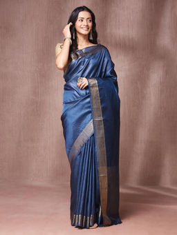 Fabindia - Blue Silk Blend Saree with Unstitched Blouse