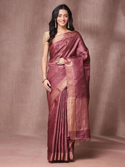 Fabindia - Wine Silk Blend Saree with Unstitched Blouse