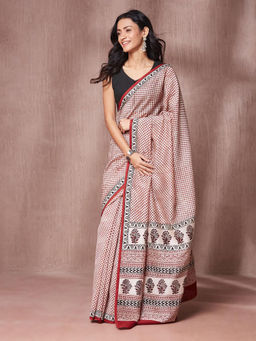 Fabindia - Maroon Cotton Silk Blend Saree with Unstitched Blouse