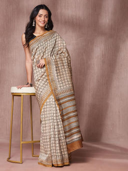 Fabindia - Beige Cotton Silk Blend Bagru Printed Saree with Unstitched Blouse