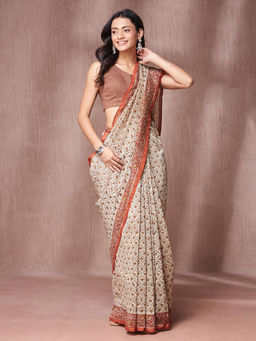 Fabindia - Beige Cotton Silk Blend Bagru Printed Saree with Unstitched Blouse
