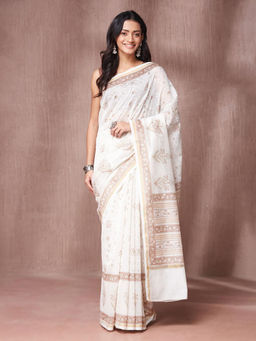 Fabindia - White Cotton Silk Blend Hand Block Printed Saree with Unstitched Blouse