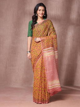 Fabindia - Mustard Cotton Silk Hand Block Printed Saree with Unstitched Blouse