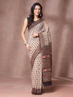 Fabindia - Beige Cotton Silk Bagru Printed Saree with Unstitched Blouse