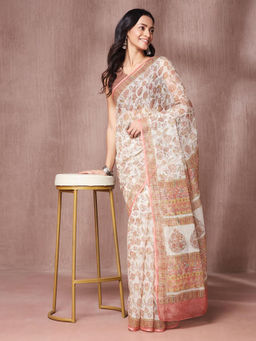 Fabindia - Natural Cotton Silk Hand Block Printed Saree with Unstitched Blouse