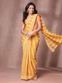 Fabindia - Mustard Cotton Silk Printed Saree with Unstitched Blouse