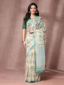 Fabindia - Natural Cotton Silk Hand Block Printed Saree with Unstitched Blouse
