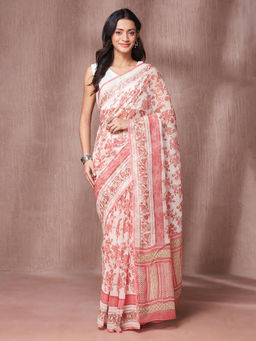 Fabindia - White Cotton Silk Hand Block Printed Saree with Unstitched Blouse