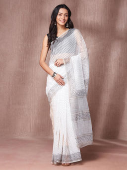 Fabindia - White Cotton Silk Hand Block Printed Saree with Unstitched Blouse