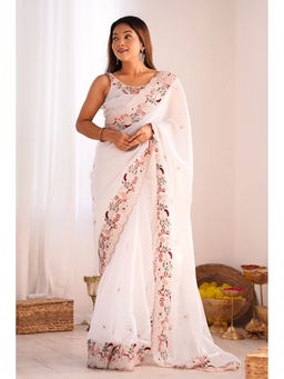 Mysilklove - Snow White Embroidered Party Wear Saree with Unstitched Blouse