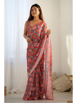 Mysilklove - Coral Orange Digital Printed Chinon Saree with Unstitched Blouse