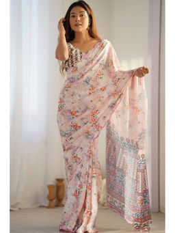 Mysilklove - White Lotus Digital Printed Chinon Saree with Unstitched Blouse