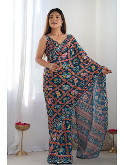 Mysilklove - Azure Blue Digital Printed Chinon Saree with Unstitched Blouse
