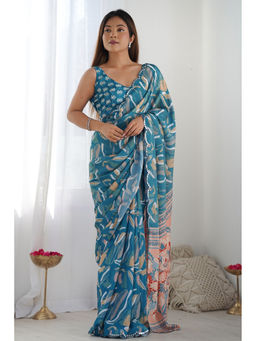 Mysilklove - Neptune Blue Digital Printed Chinon Saree with Unstitched Blouse
