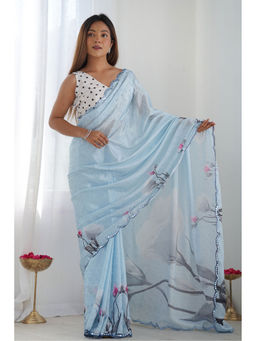 Mysilklove - Cloudy Blue Digital Printed Chinon Saree with Unstitched Blouse
