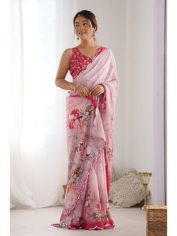 Mysilklove - Bush Pink Digital Printed Chinon Saree with Unstitched Blouse
