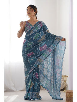 Mysilklove - Chambray Blue Digital Printed Chinon Saree with Unstitched Blouse