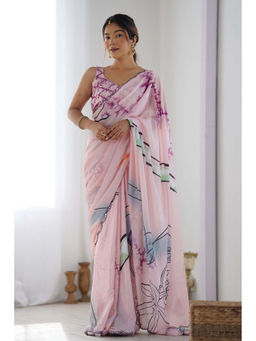 Mysilklove - Thistle Pink Digital Printed Chinon Saree with Unstitched Blouse