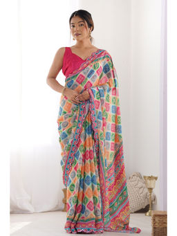 Mysilklove - Multi-Color Digital Printed Chinon Saree with Unstitched Blouse