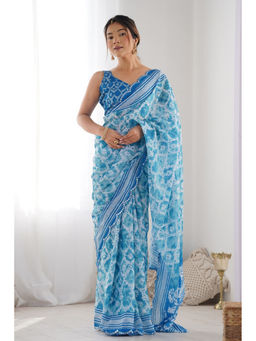 Mysilklove - Water Blue Digital Printed Chinon Saree with Unstitched Blouse