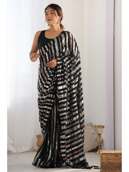 Mysilklove - Onyx Black Embroidered Partywear Saree with Unstitched Blouse
