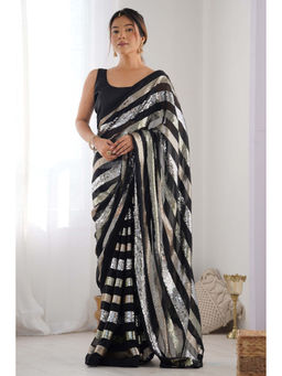 Mysilklove - Stone Black Georgette Partywear Saree with Unstitched Blouse